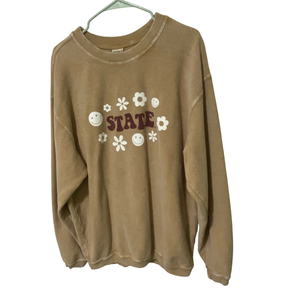 Chicka-d Womens Tan Corded Crewneck Sweatshirt Mississippi State M Daisies Smile